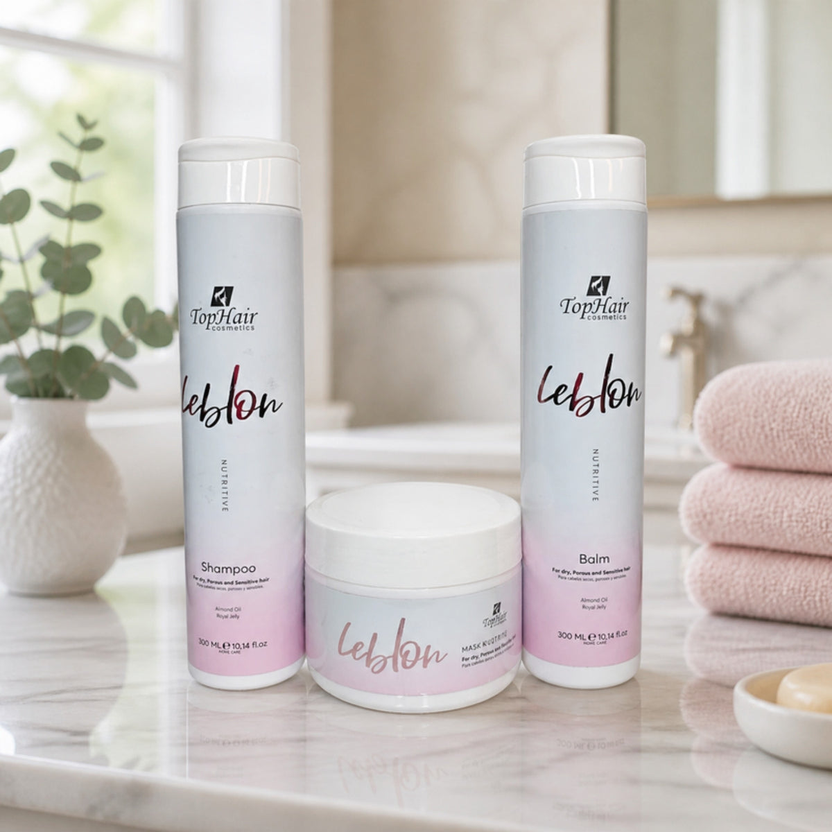 Leblon Home Care Routine en el baño